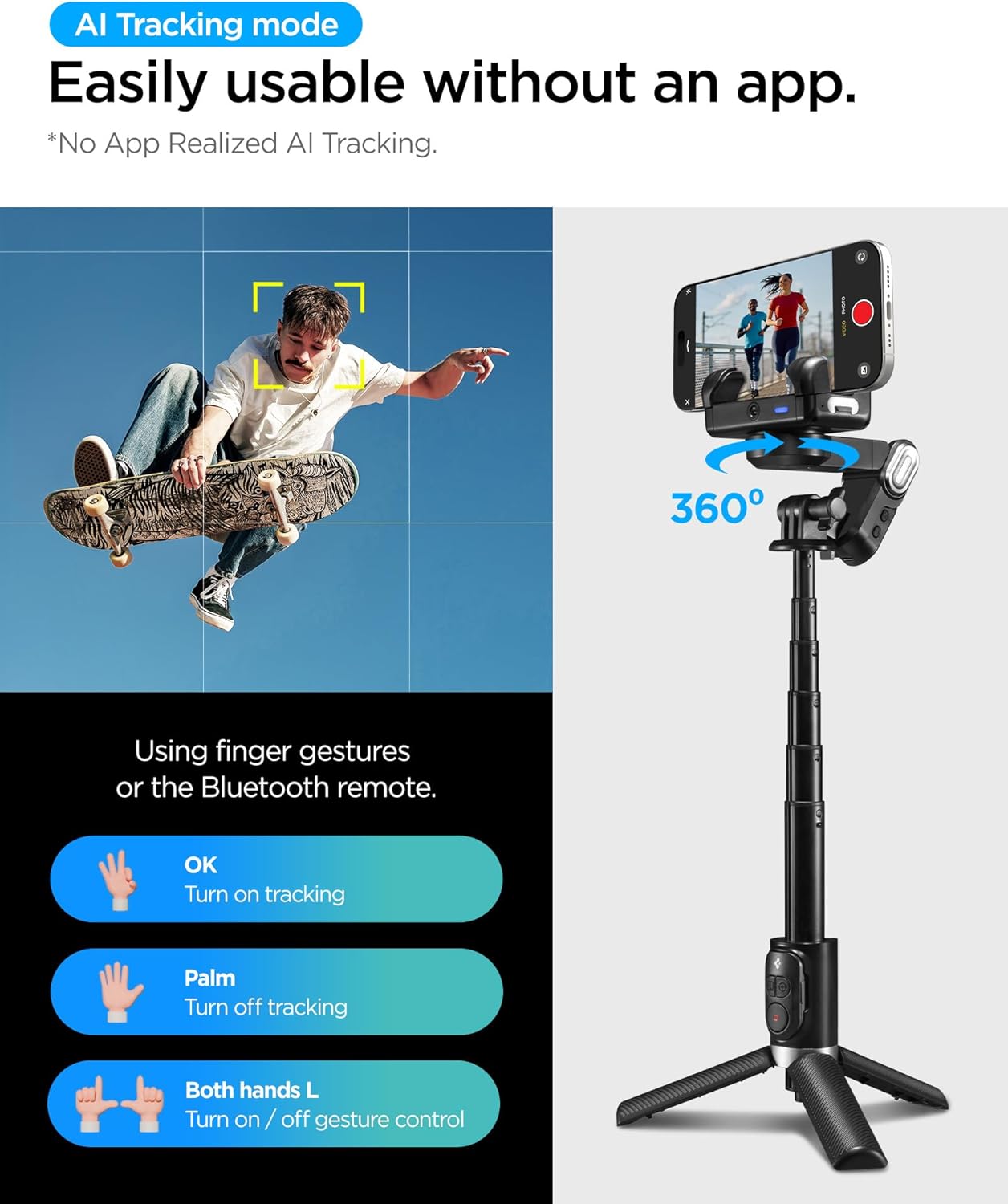Spigen Gimbal Stabilizer for Smartphone, iPhone Gimbal w/Focus Wheel Face/Object Tracking for Android Foldable 3-Axis Handheld Phone Stabilizer for Video Recording - Black